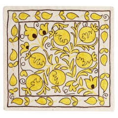 19"x19" Handmade Silk Embroidery Cushion Cover. Suzani Pillow in Cream & Yellow