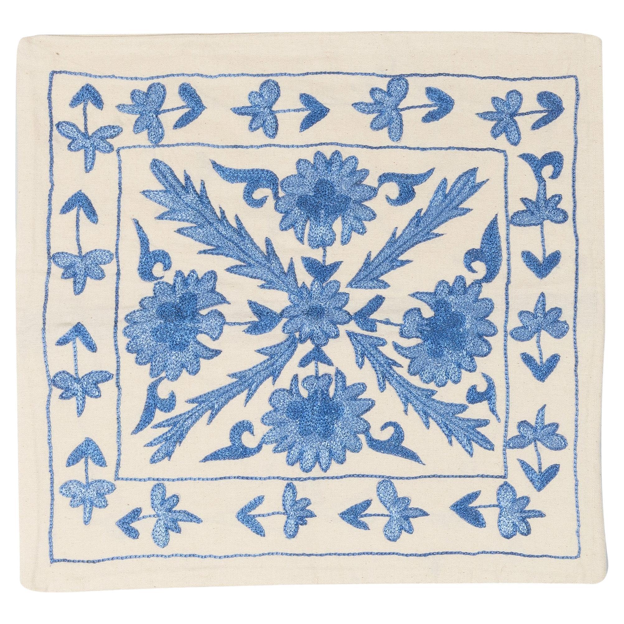 19"x19" Floral Patterned Silk Embroidered Suzani Cushion Cover in Blue and Cream For Sale