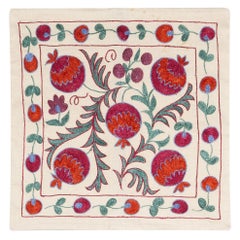 Square Hand Embroidered Silk Suzani Fabric Cushion Cover, Uzbek Sham