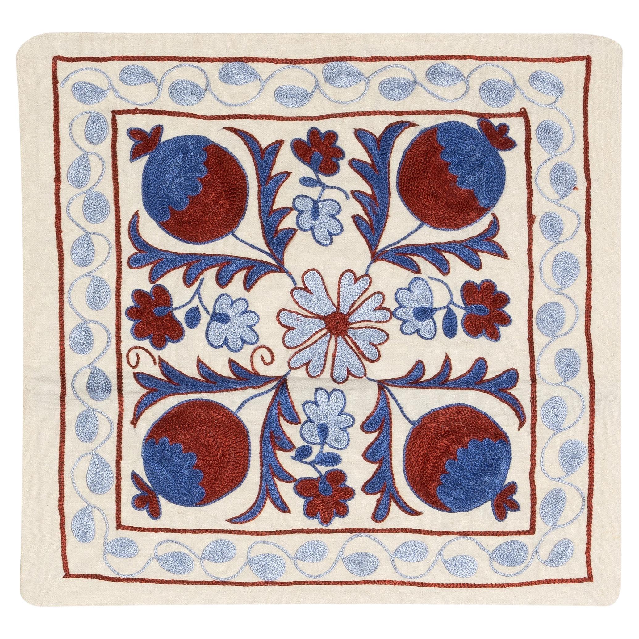 19"x19" Embroidered Silk Cushion Cover, Cotton Sham in Blue, Red and Cream For Sale