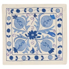 19"x19" Hand Embroidered Silk Suzani Cushion Cover in Ivory 
Light Blue Color