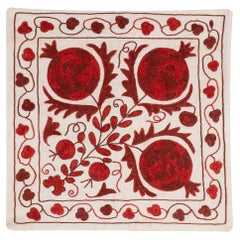 19"x19" Handmade Asian Silk Embroidery Cushion Cover in Ivory and Red Color