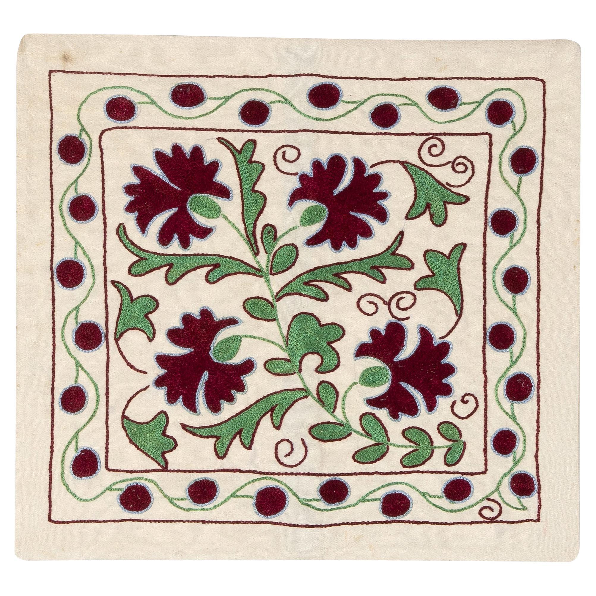 19"x19" Handmade Silk Embroidered Cushion Cover in Burgundy Red, Cream & Green For Sale