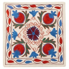 19"x19" Multicolor Silk Hand Embroidery Lace Pillow, Uzbek Suzani Cushion Cover