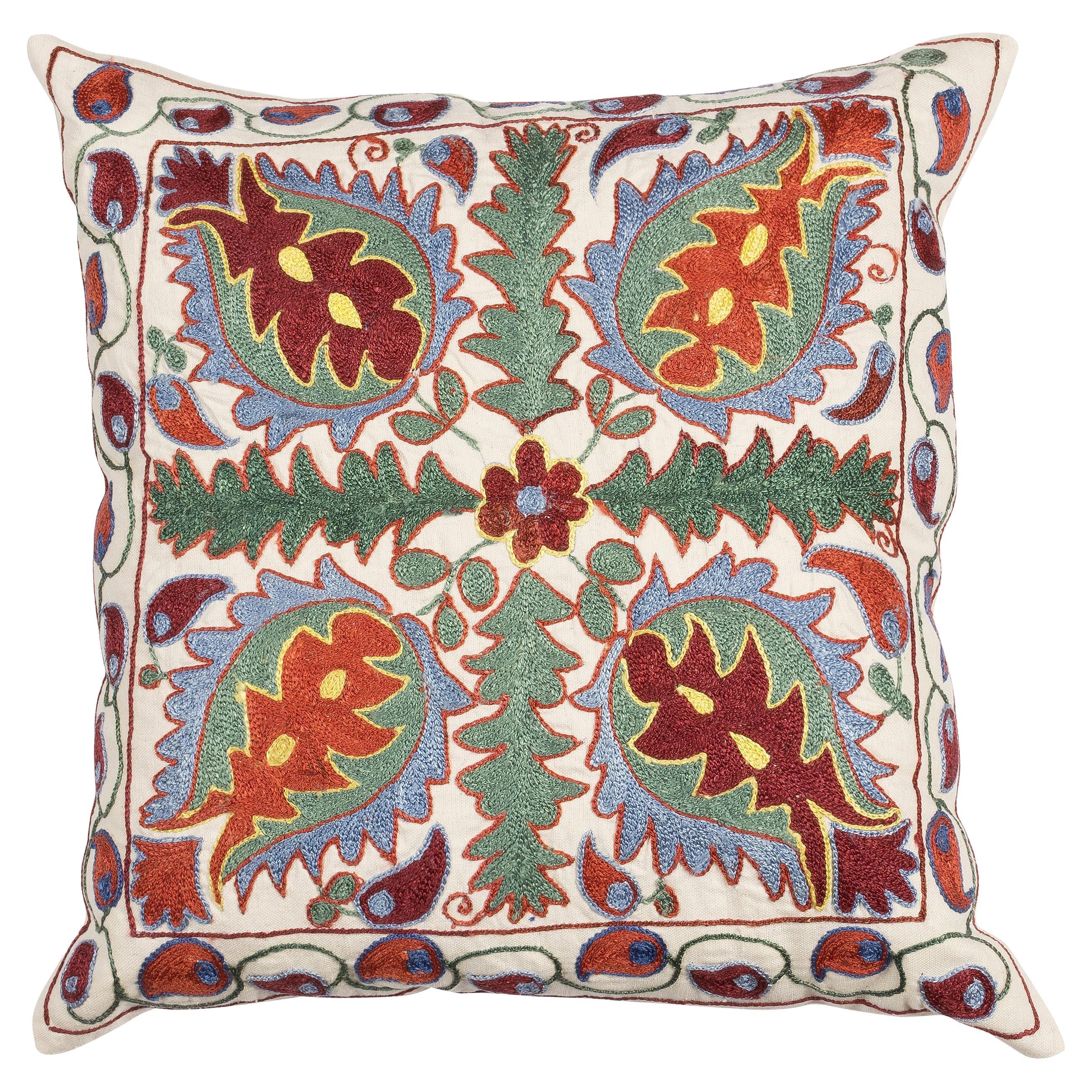 19"x19" Multicolor Silk Throw Pillow, Hand Embroidered Cushion Cover, Uzbek Sham