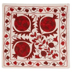 New Handmade Silk Embroidered Suzani Cushion Cover in Cream & Red Color