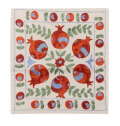 19"x19" Silk Embroidered Cushion Cover in Red, Green & Cream, Suzani Lace Pillow