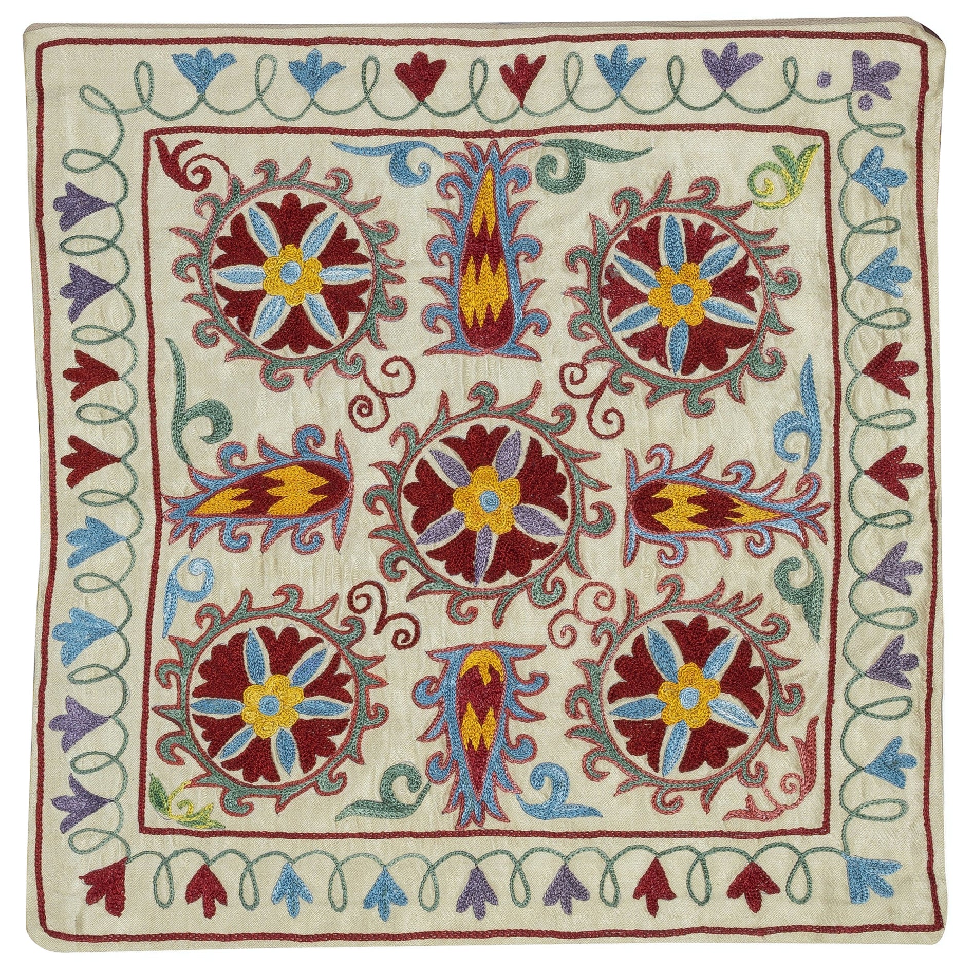 19"x19" Silk Embroidery Cushion Cover. Ikat Lace Pillow. Colorful Accent Pillow For Sale