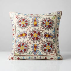 19"x19" Silk Embroidery Cushion Cover. Ikat Lace Pillow. Colorful Accent Pillow