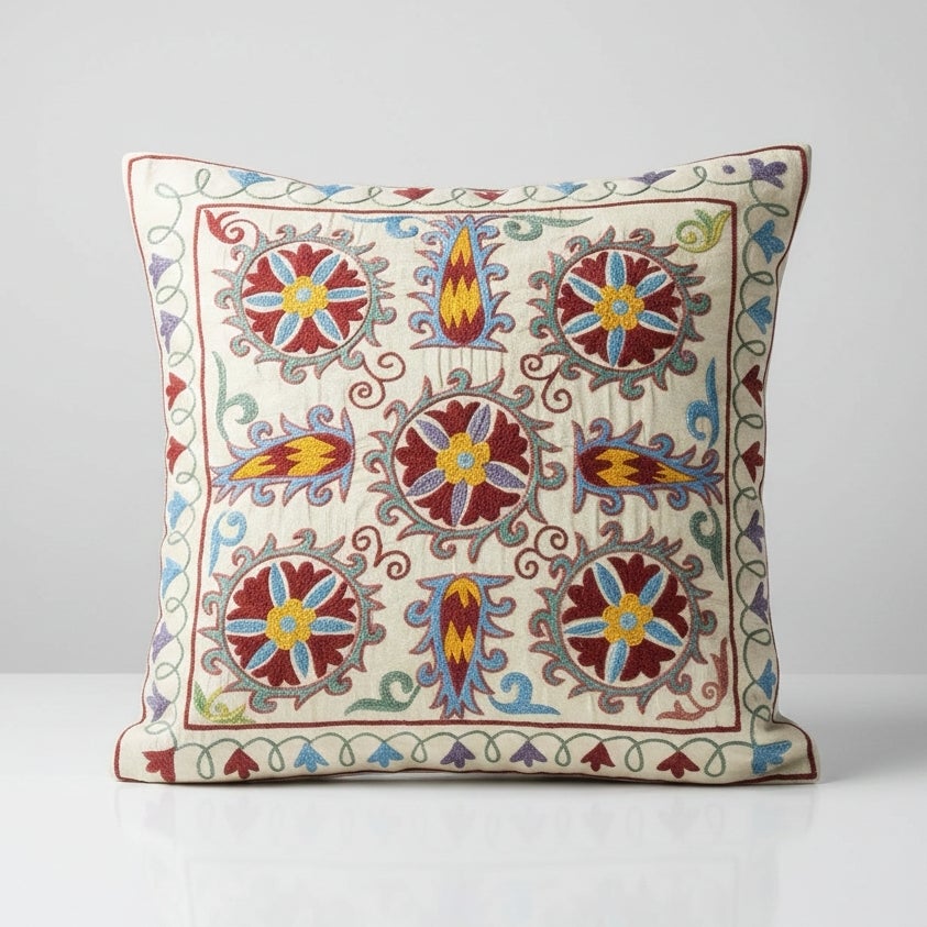 19"x19" Silk Embroidery Cushion Cover. Ikat Lace Pillow. Colorful Accent Pillow For Sale