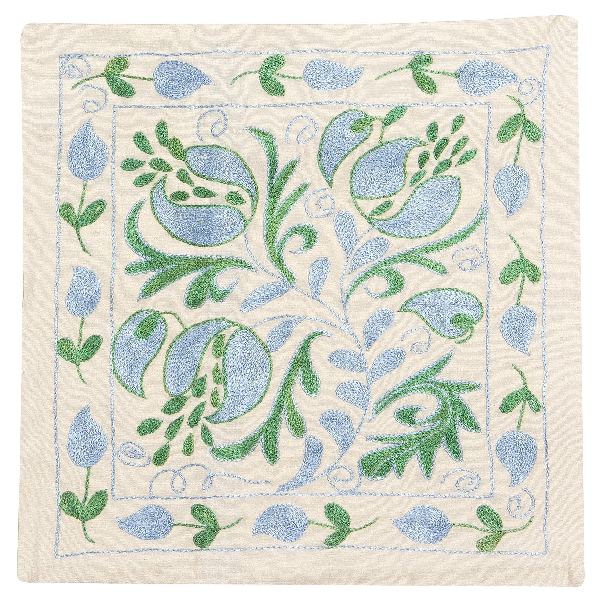19"x19" Silk Embroidery Suzani Cushion Cover, Uzbek Throw Pillow in Blue & Green