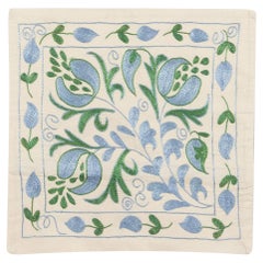 Silk Embroidery Suzani Cushion Cover in Cream, Light Blue & Green Colors 19"x19"