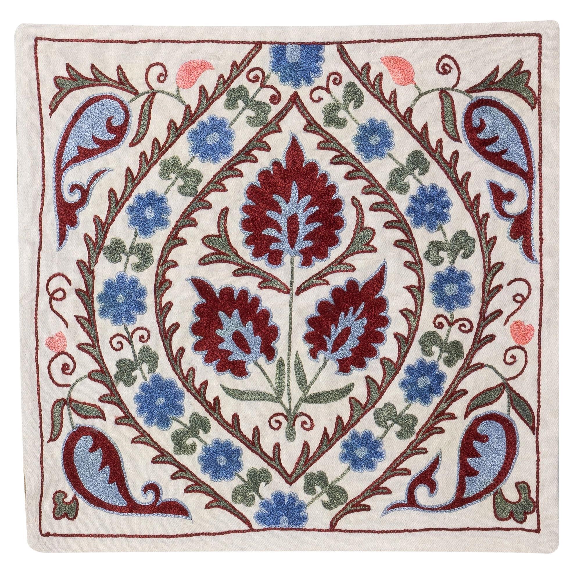 19"x19" Square Silk Embroidered Suzani Textile Cushion Cover from Uzbekistan