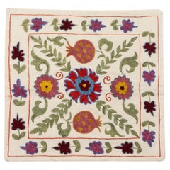 19"x19" Traditional Floral Patterned Suzani Hand Embroidered Silk Cushion Cover
