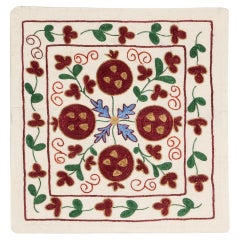 Traditional Silk Suzani from Uzbekistan, Hand Embroidered Cushion Cover 19"x19"