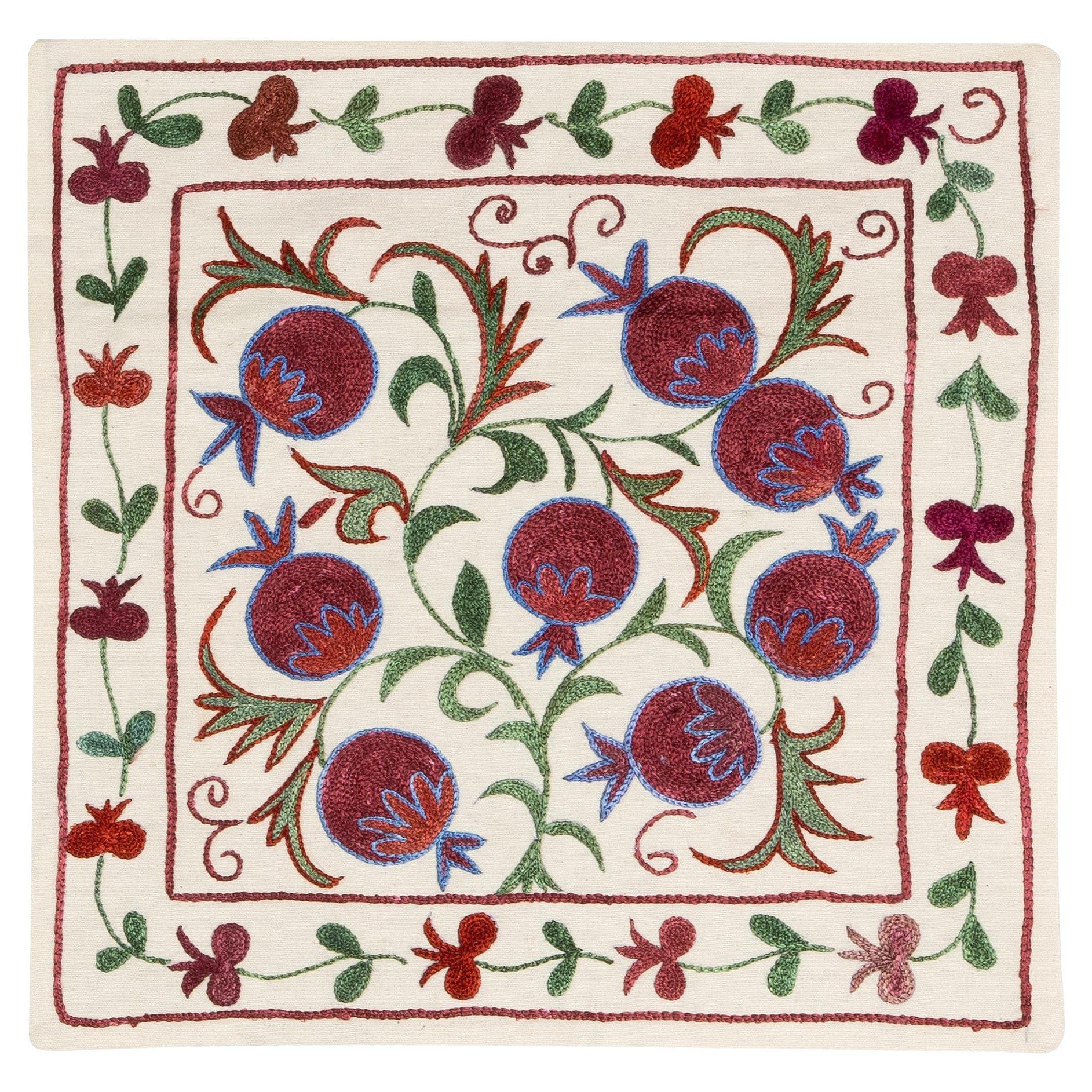 Uzbek Pomegranate Tree Design Silk Embroidered Suzani Cushion Cover. 19" x 19" For Sale