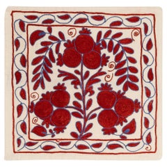 19"x19" Uzbek Silk Embroidered Suzani Cushion Cover in Cream and Red Color