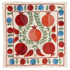 19"x19" Uzbek Silk Embroidery Suzani Cushion Cover in Cream, Red, Blue and Green