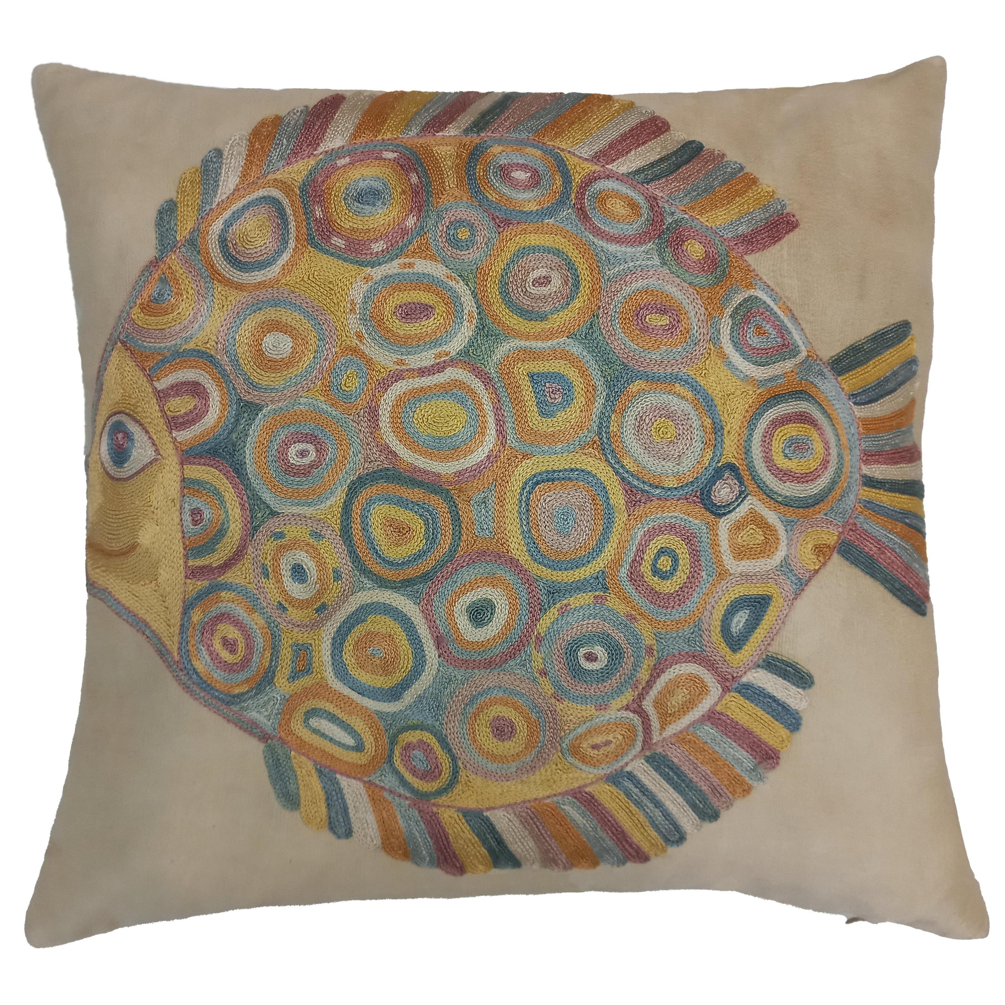19"x20" 100% Silk Embroidered Suzani Cushion Cover, Fish Patterned Toss Pillow