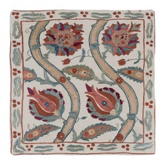 19"x20" 100% Silk Embroidered Toss Pillow Cover, Handmade Suzani Throw Pillow