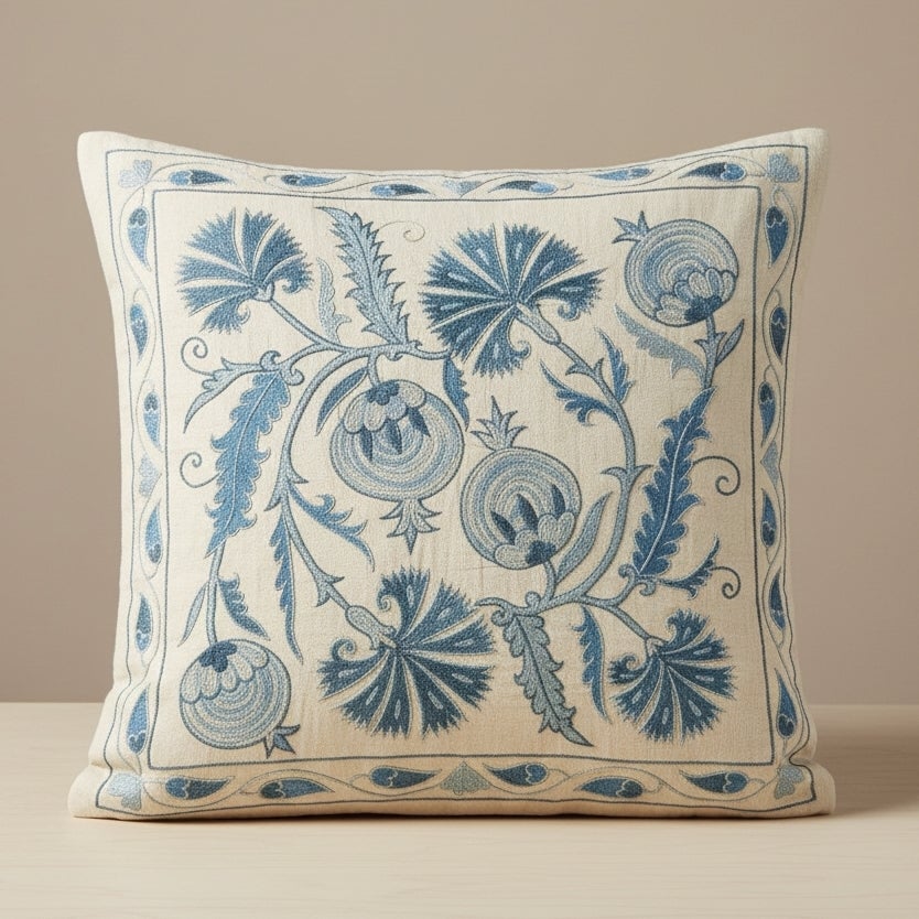 19 "x20" Funda de cojín moderna bordada en seda 100%. Funda de cojín azul hecha a mano