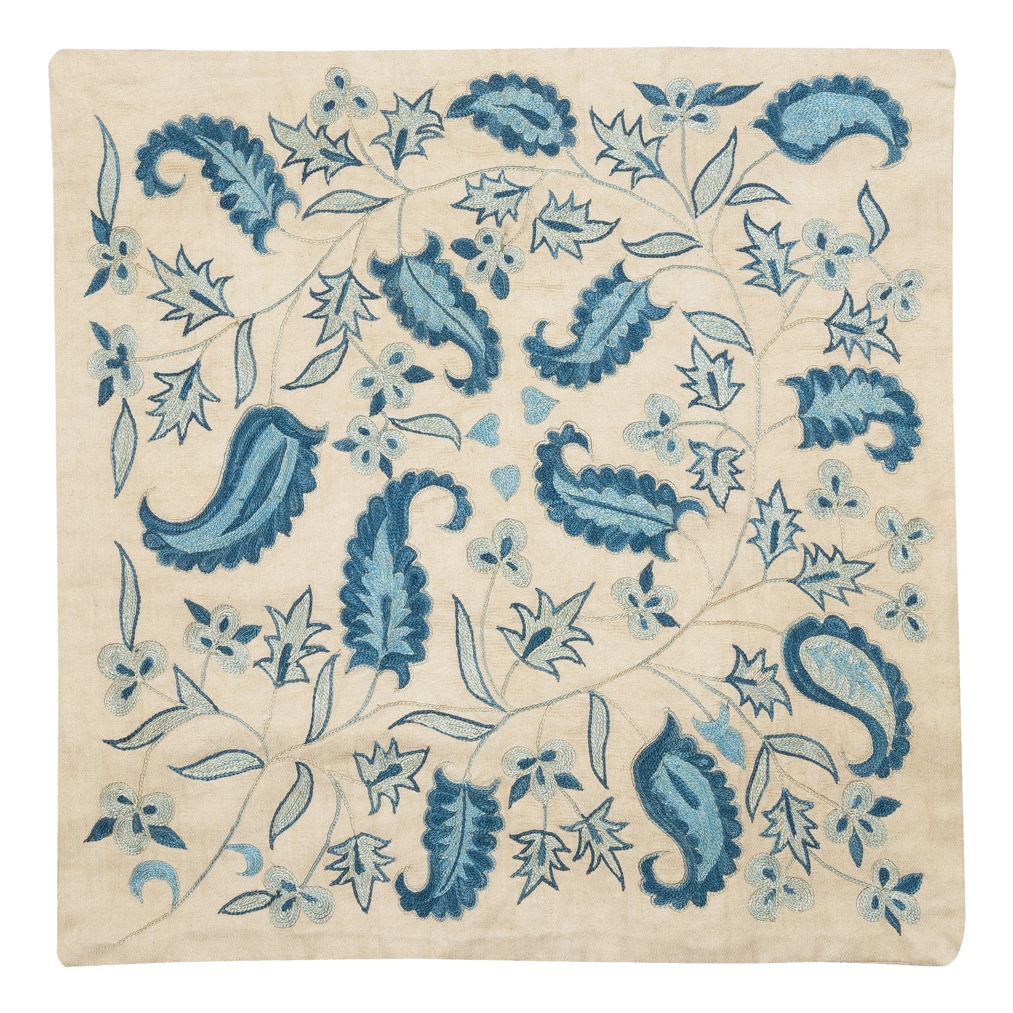 Funda de almohada bordada de seda 100% de 19 "x20". Cojín hecho a mano. Cojín Azul