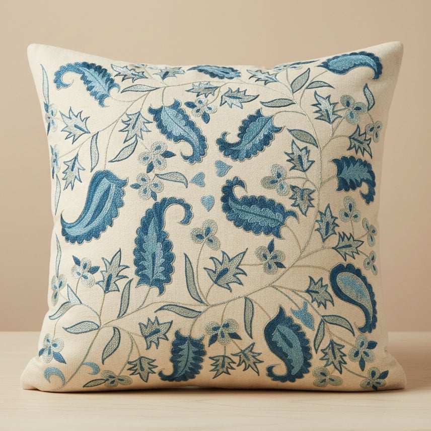 Funda de almohada bordada de seda 100% de 19 "x20". Cojín hecho a mano. Cojín Azul