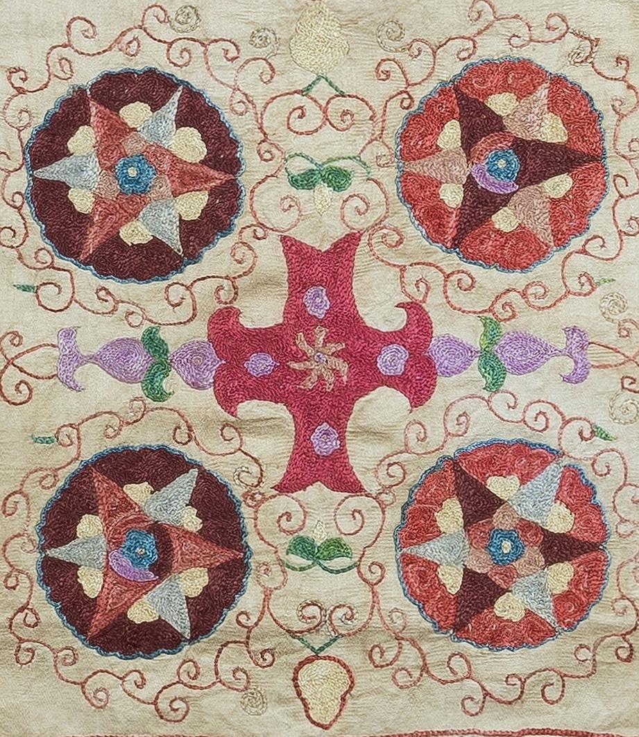 Decorative suzani cushion cover made of hand embroidery silk on silk background, flowers and vine motifs, linen backing with zipper, no insert.

Delicate and specialised washing advised. Measures: 19