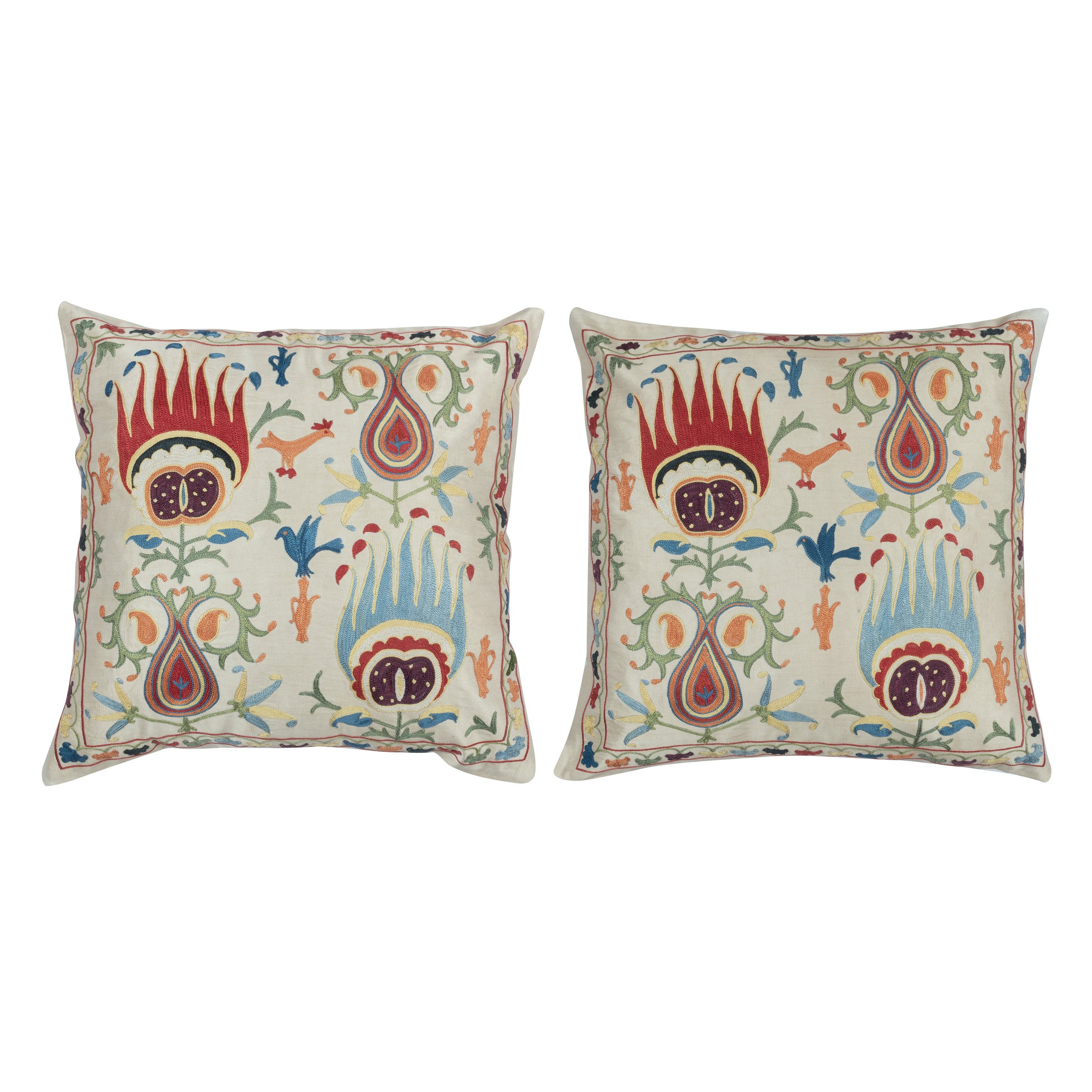 19"x20" SET OF 2 - 100% Silk Cushion Covers. Embroidered Accent Pillows