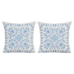 19"x20" SET OF 2 Silk embroidered Cushion Covers. Pair Lace Pillow in Blue Color