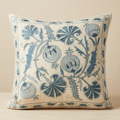 19"x20" Silk Cushion Cover. Embroidered Accent Pillow. Blue Throw Pillow