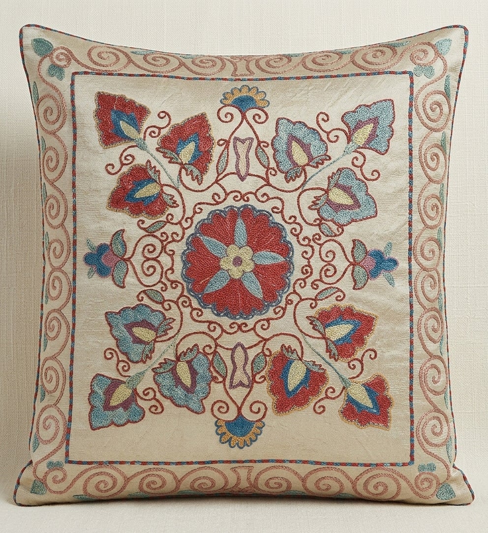Funda de cojín de seda 100% hecha a mano en Uzbekistán, cojín de encaje floral
