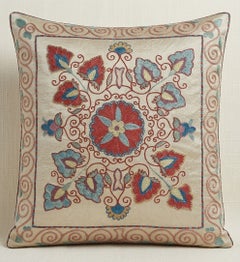 19"x21" 100% Silk Cushion Cover, Floral Accent Pillow, Embroidered Throw Pillow