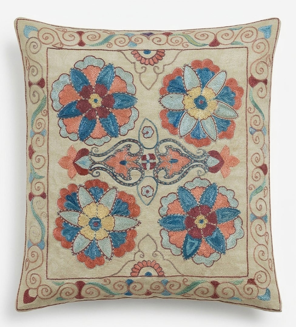 19"x21" Floral Patterned Suzani Cushion Cover, Embroidered Pillowcase, 100% Silk