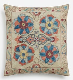 19"x21" Floral Patterned Suzani Cushion Cover, Embroidered Pillowcase, 100% Silk