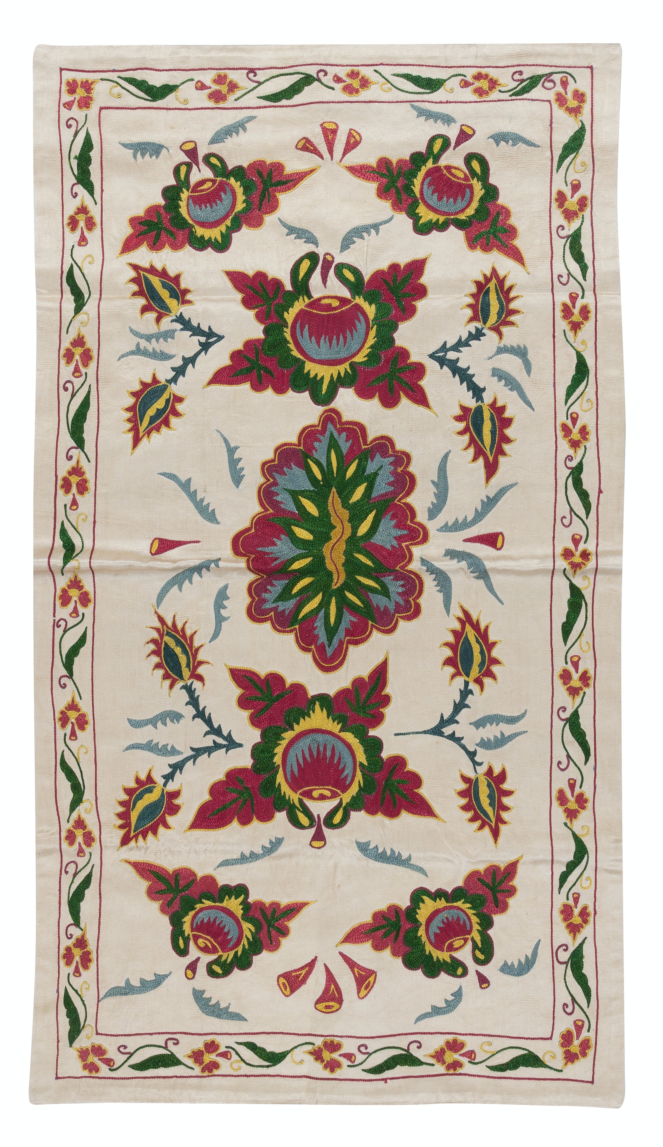19"x34" Uzbek 100% Silk Flower & Pomegranate Design Embroidered Wall Hanging For Sale