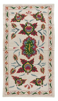 19"x34" Uzbek 100% Silk Flower & Pomegranate Design Embroidered Wall Hanging