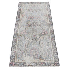 1'9"x3'7" Stone Blue Vintage Farsian Kerman Worn Down Hand Knotted Pure Wool Rug