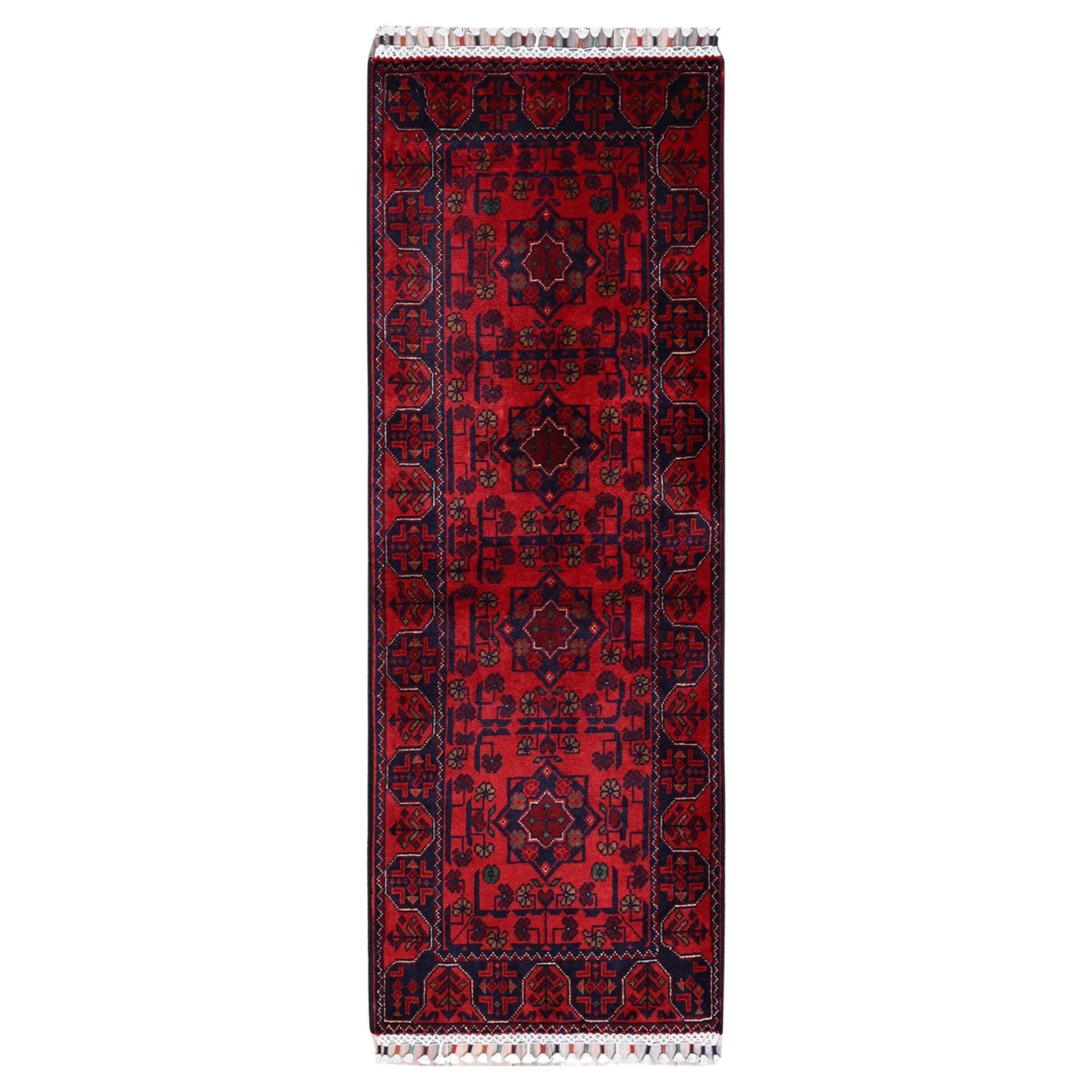 1
9"x4
10" Red Afghan Khamyab Tribal Design Soft Wool Hand Knotted Runner Rug