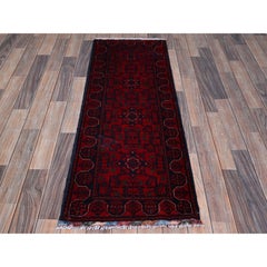 1'9"x4'10" Red Afghan Khamyab with Tribal Motifs Hand Knotted Wool Runner Rug