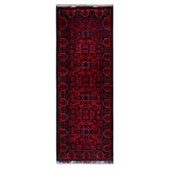 1'9"x4'10" Red Afghan Khamyab with Tribal Motifs Hand Knotted Wool Runner Rug