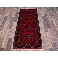 1'9"x4'8" Red Afghan Khamyab Geometric Pattern Soft Wool Hand Knotted Runner Rug