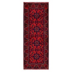 1'9"x4'8" Red Afghan Khamyab Geometric Pattern Soft Wool Hand Knotted Runner Rug