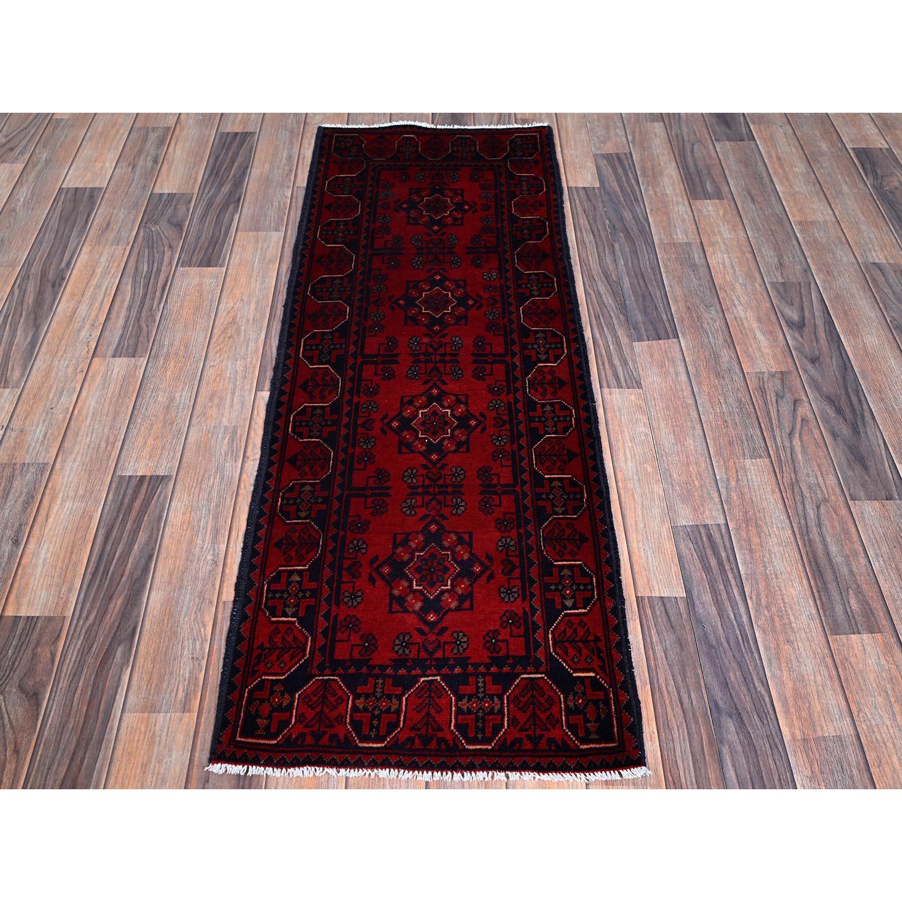 Carmine Red, Afghan Khamyab with Tribal Medallions Design, Hand Knotted, Soft and Velvety Wool, Vegetable Dyes, Short and Narrow Runner, Oriental Rug
Primary materials: Wool
Latex: No Pile 
height: 0.25 Inches
Style: Traditional
Primary color: