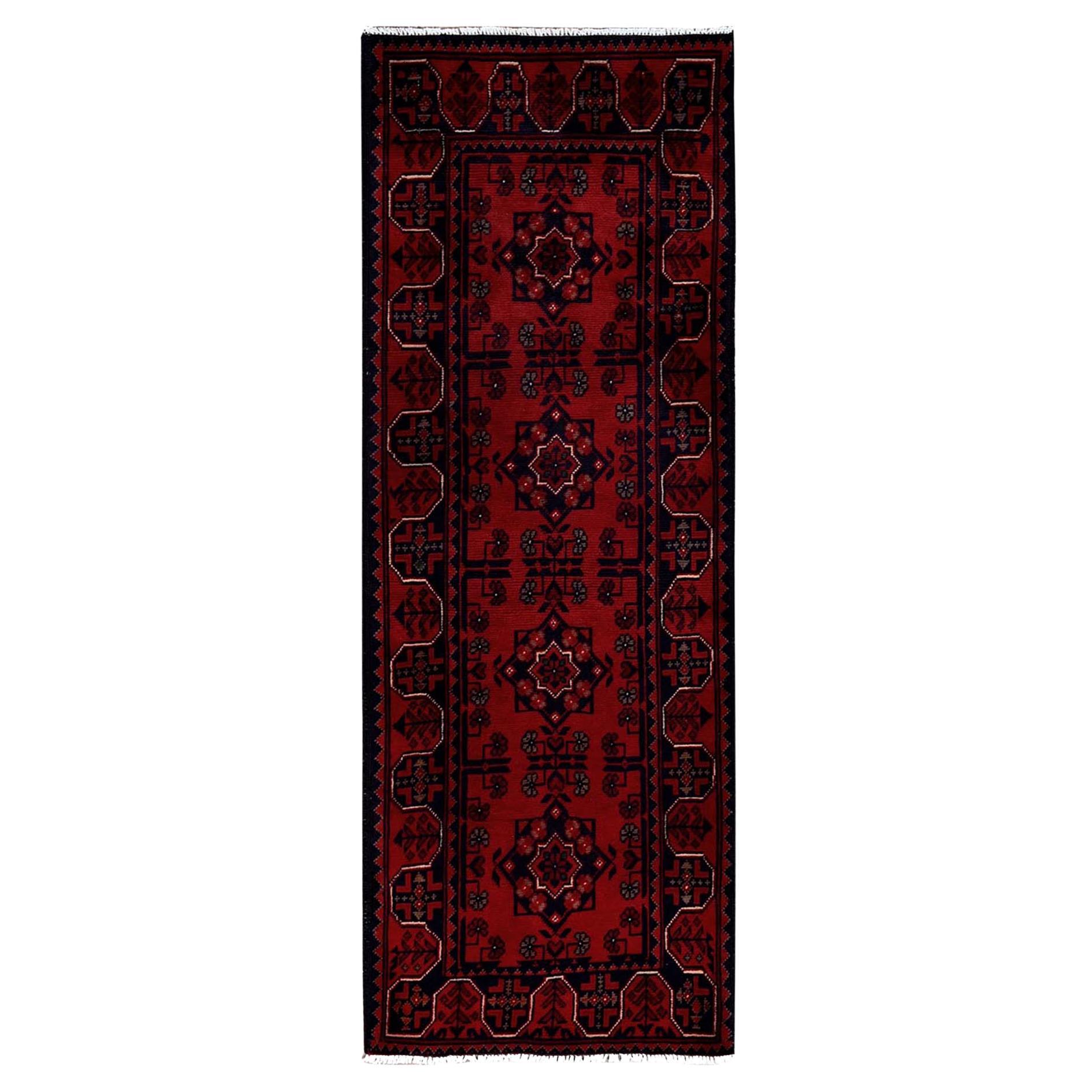 1'9"x4'9" Carmine Red Afghan Khamyab Tribal Design Hand Knotted Wool Runner Rug For Sale