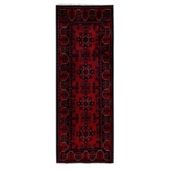 1'9"x4'9" Carmine Red Afghan Khamyab Tribal Design Hand Knotted Wool Runner Rug