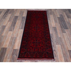 1'9"x4'9" Red Soft Wool Afghan Khamyab Geometric Pattern Hand Knotted Runner Rug