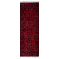 1'9"x4'9" Red Soft Wool Afghan Khamyab Geometric Pattern Hand Knotted Runner Rug