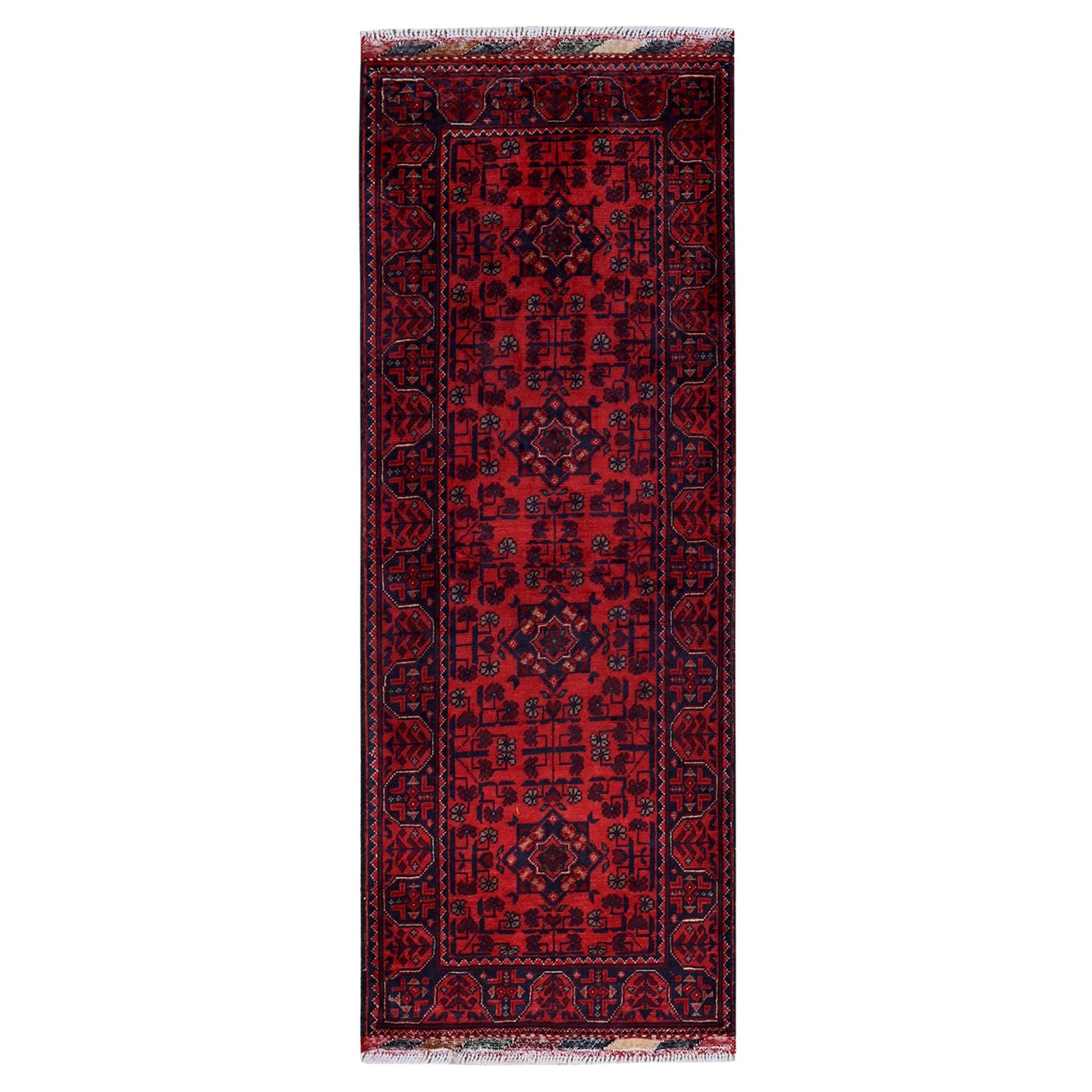 1
9"x4
9" Ruby Red Afghan Khamyab Geometric Design Hand Knotted Wool Runner Rug