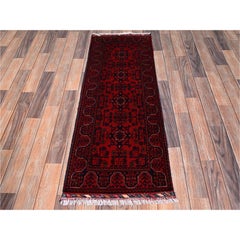 1'9"x5' Red Afghan Andkhoy with Geometric Motif Hand Knotted Wool Runner Rug